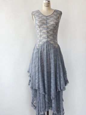 Lace Overlay Handkerchief Hem Dress - grey